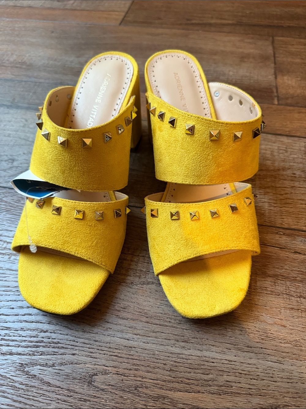 Adrienne Vittadini Yellow Studded Suede Block Heel Mules - Women New
